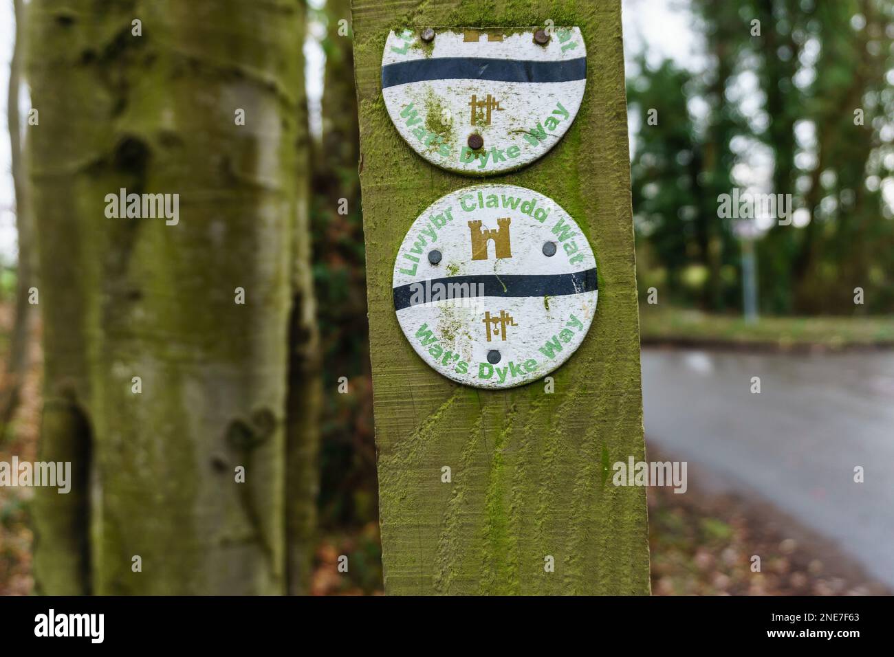 Schild oder Wegweiser auf dem Wat's Dyke Way Walking Trail (Walisisch: Clawdd Wat), Teil eines alten Erdwerks entlang der englischen walisischen Grenze Stockfoto