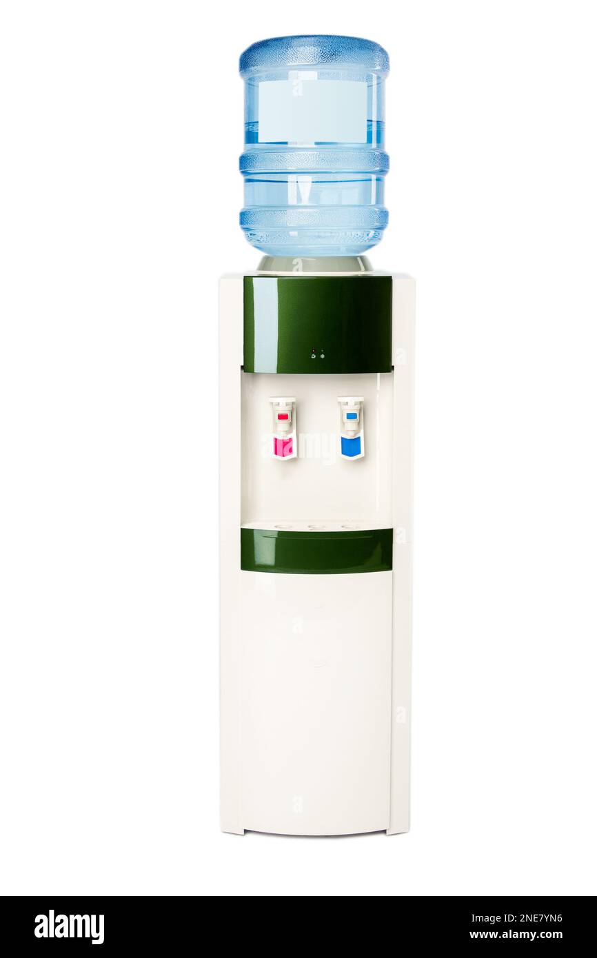 Weißer Kühler mit Wasserflasche isoliert auf weißem Hintergrund Stockfoto Weißer Kühler mit Wasserflasche isoliert auf weißem Hintergrund Stockfoto