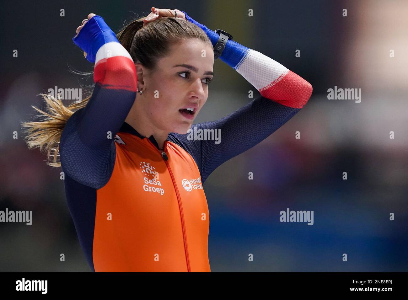 TOMASZOW MAZOWIECKI, POLEN - FEBRUAR 16: Robin Groot aus den Niederlanden während der Training ISU Speed Skating World Cup am 16. Februar 2023 in Tomaszow Mazowiecki, Polen (Foto: Andre Weening/Orange Pictures) Stockfoto