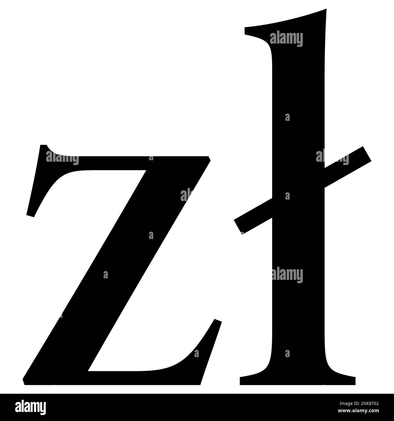 Polnischer Zloty PLN Währungsschild schwarze Silhouette Vorderansicht isoliert auf weißem Hintergrund. Währung durch die Zentralbank von Polen. Vektordesign-Element. Stockfoto