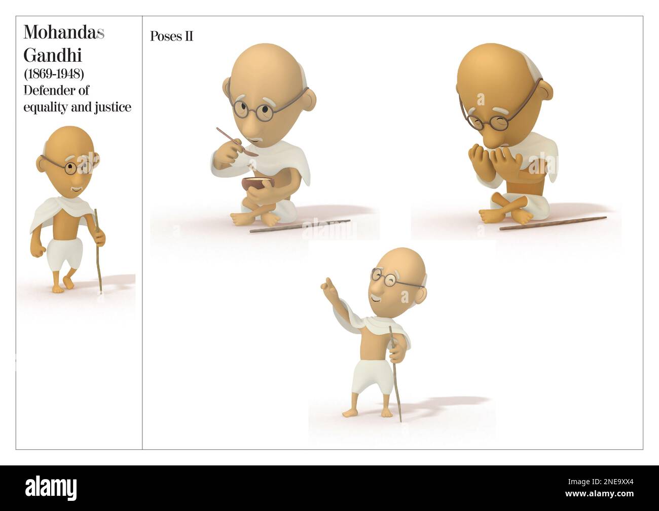 Haltungsbilder von Mohandas Gandhi, Verteidiger der Gleichheit und Gerechtigkeit (1869-1948). [Adobe InDesign (.indd)]. Stockfoto