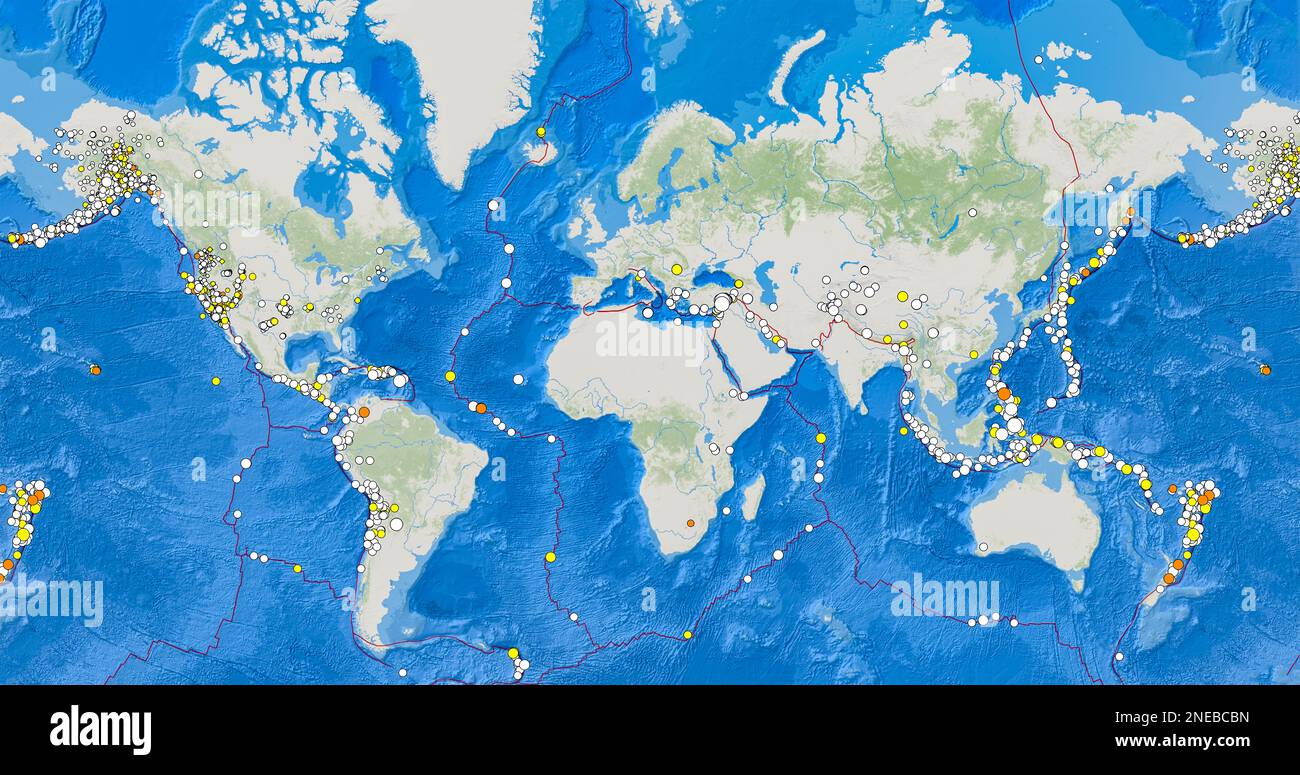 Dresden, Deutschland - 15. Februar 2023: Weltkarte mit aktueller Erdbebenposition, dargestellt als Punkte vom USGS-Echtzeit-Erkennungsdienst. Kumulative Daten Stockfoto