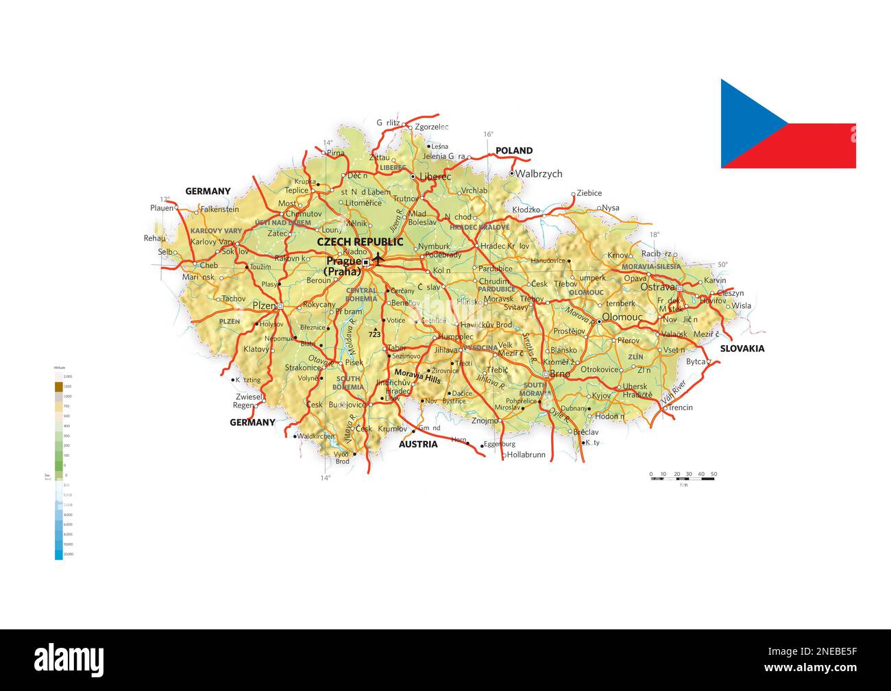Physische und politische Karte der Tschechischen Republik. [Adobe Illustrator (.ai)]. Stockfoto