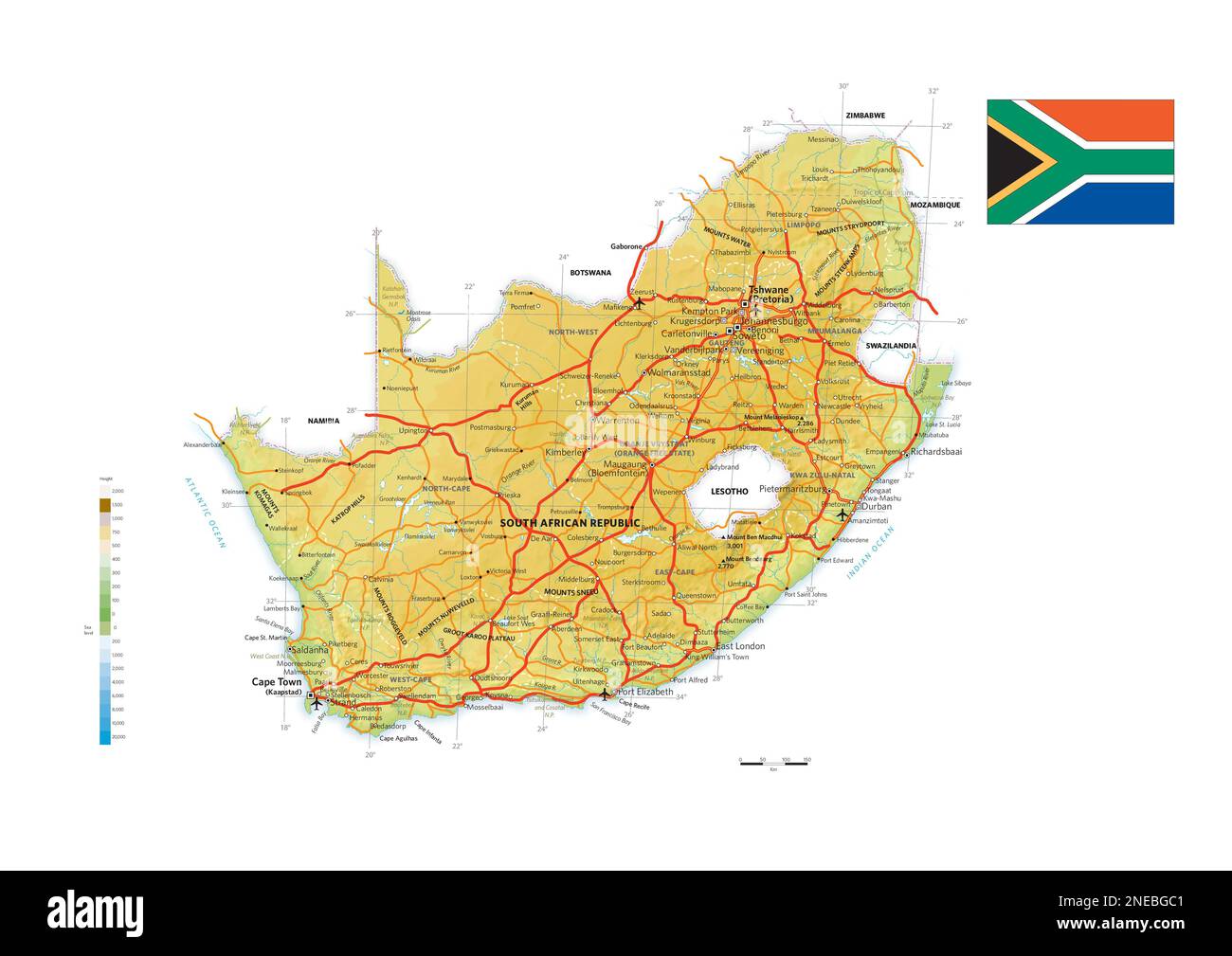 Physische und politische Karte der Republik Südafrika. [Adobe Illustrator (.ai); 3507x2480]. Stockfoto