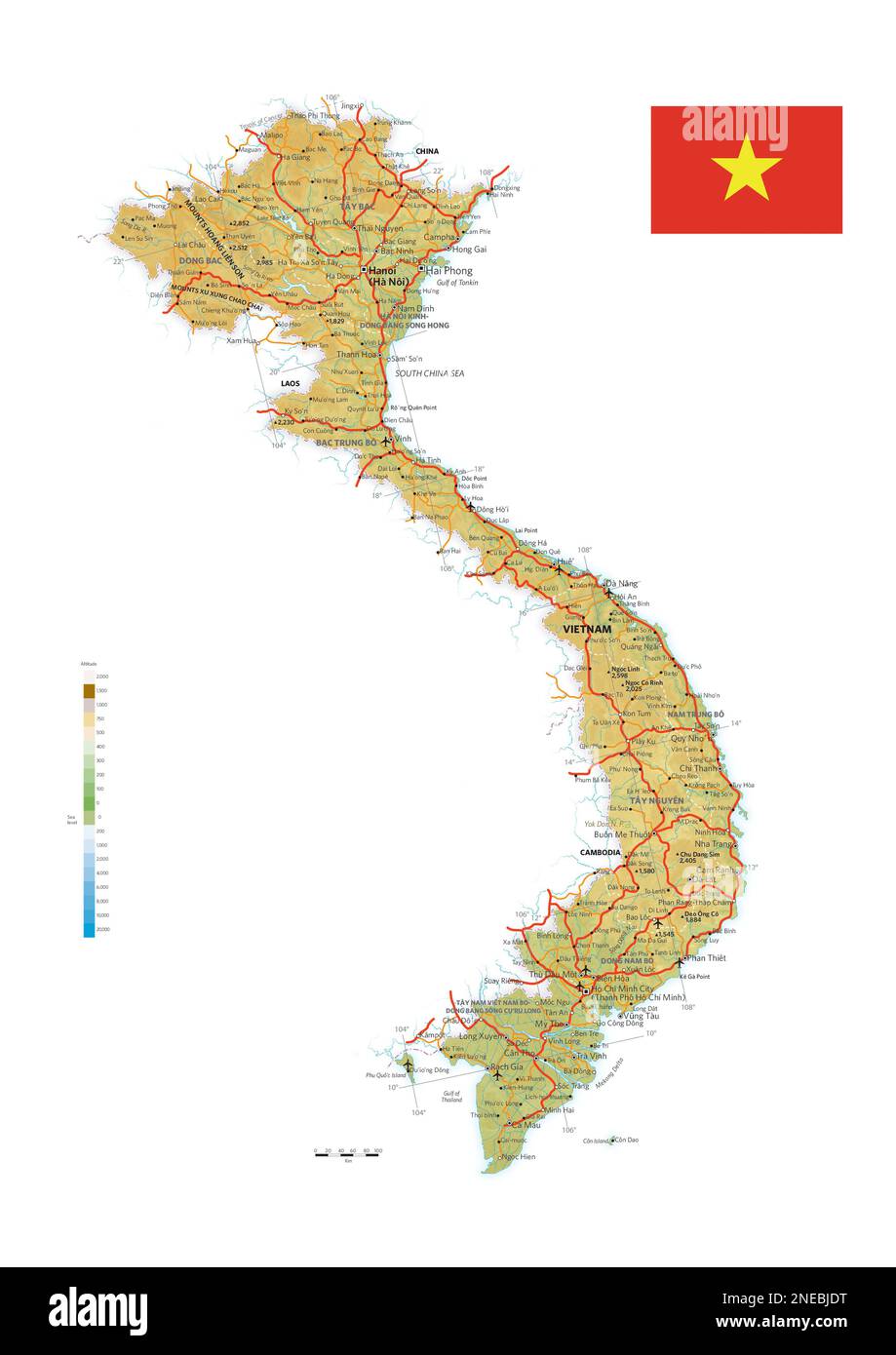 Physische und politische Karte Vietnams. [Adobe Illustrator (.ai); 2480x3507]. Stockfoto