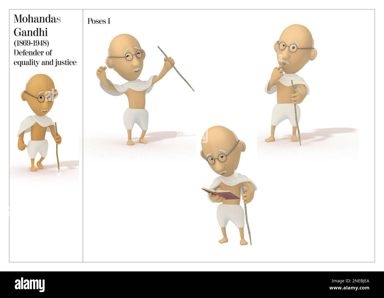Haltungsbilder von Mohandas Gandhi, Verteidiger der Gleichheit und Gerechtigkeit (1869-1948). [Adobe InDesign (.indd)]. Stockfoto