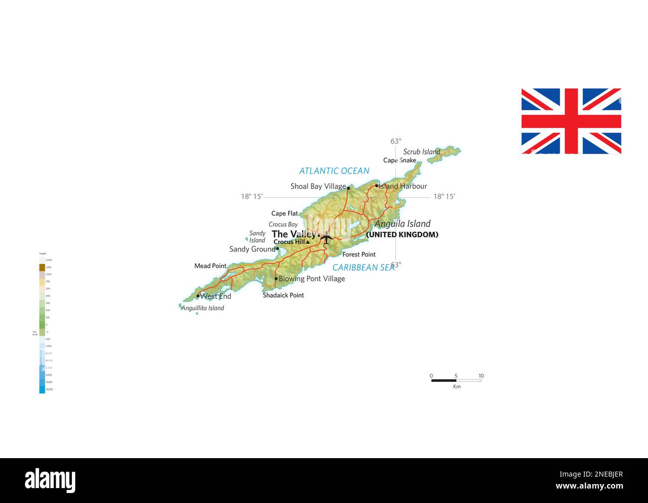 Physische und politische Karte von Anguilla. [Encapsulated Postscript File (.eps); 3507x2480]. Stockfoto