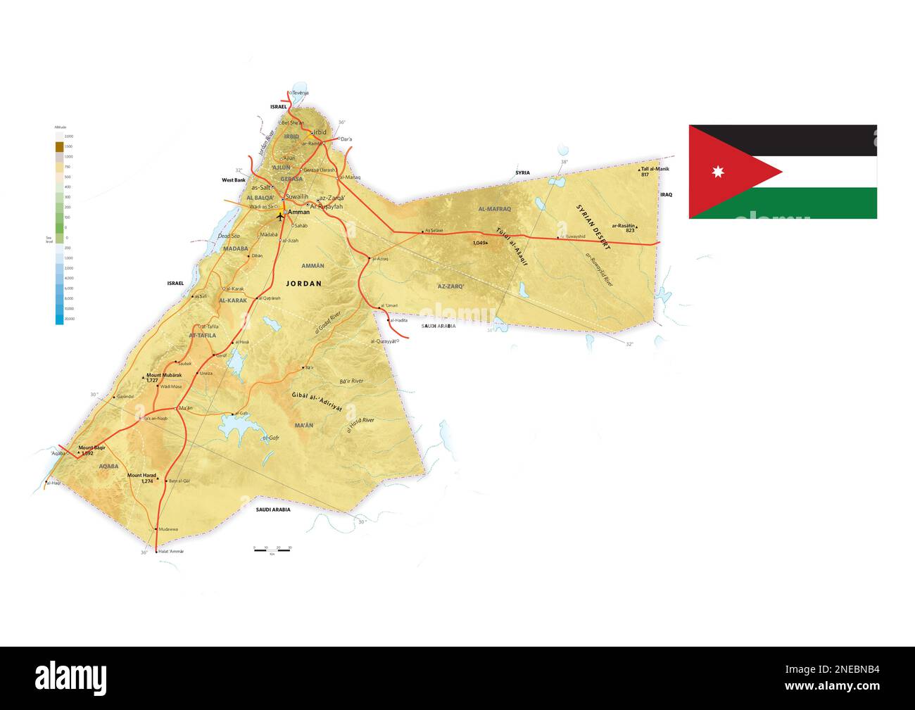 Physische und politische Karte Jordaniens. [Adobe Illustrator (.ai); 3507x2480]. Stockfoto