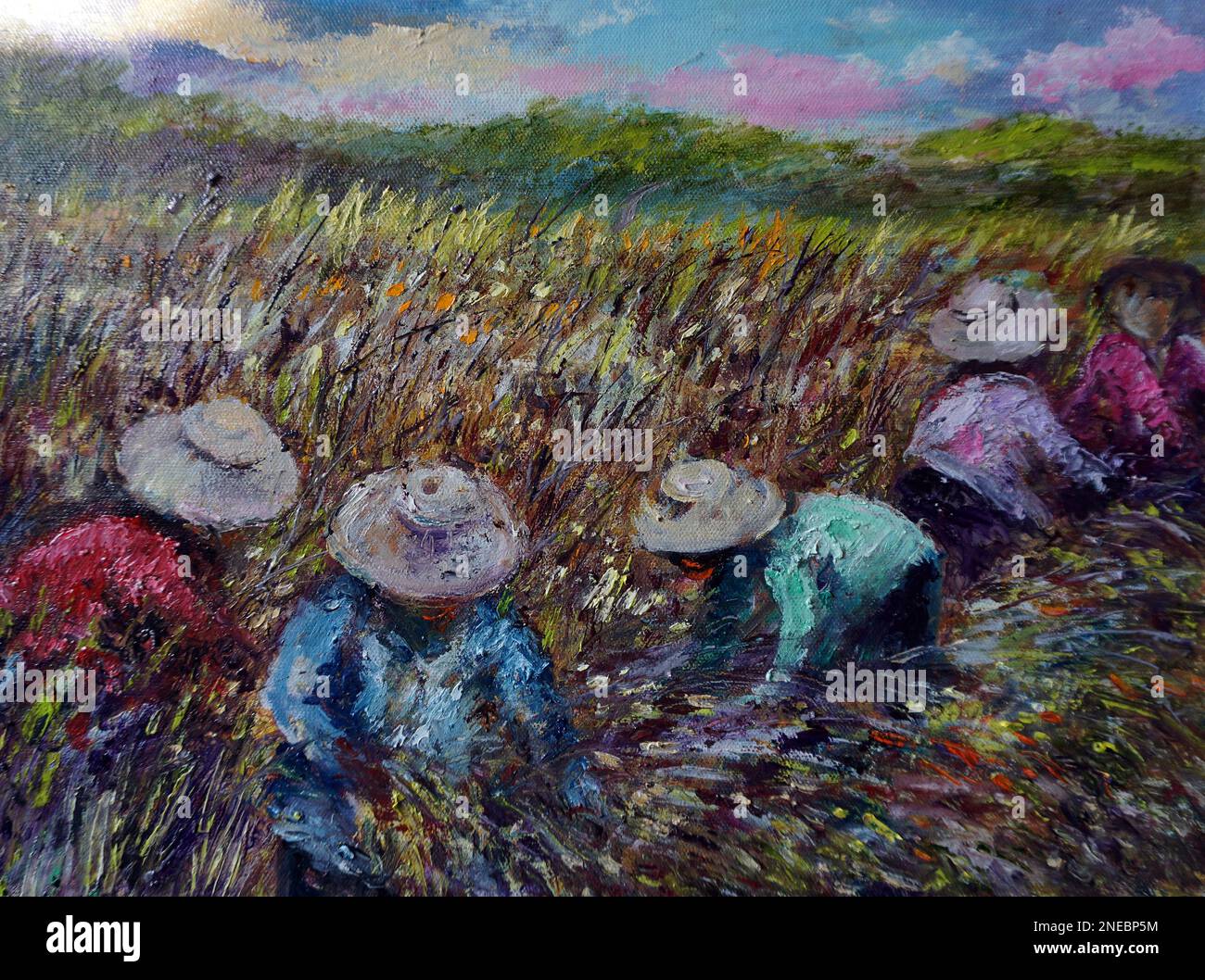 Kunstmalerei Ölfarben ernten Reis, Landschaft, lokale Lebensart Stockfoto