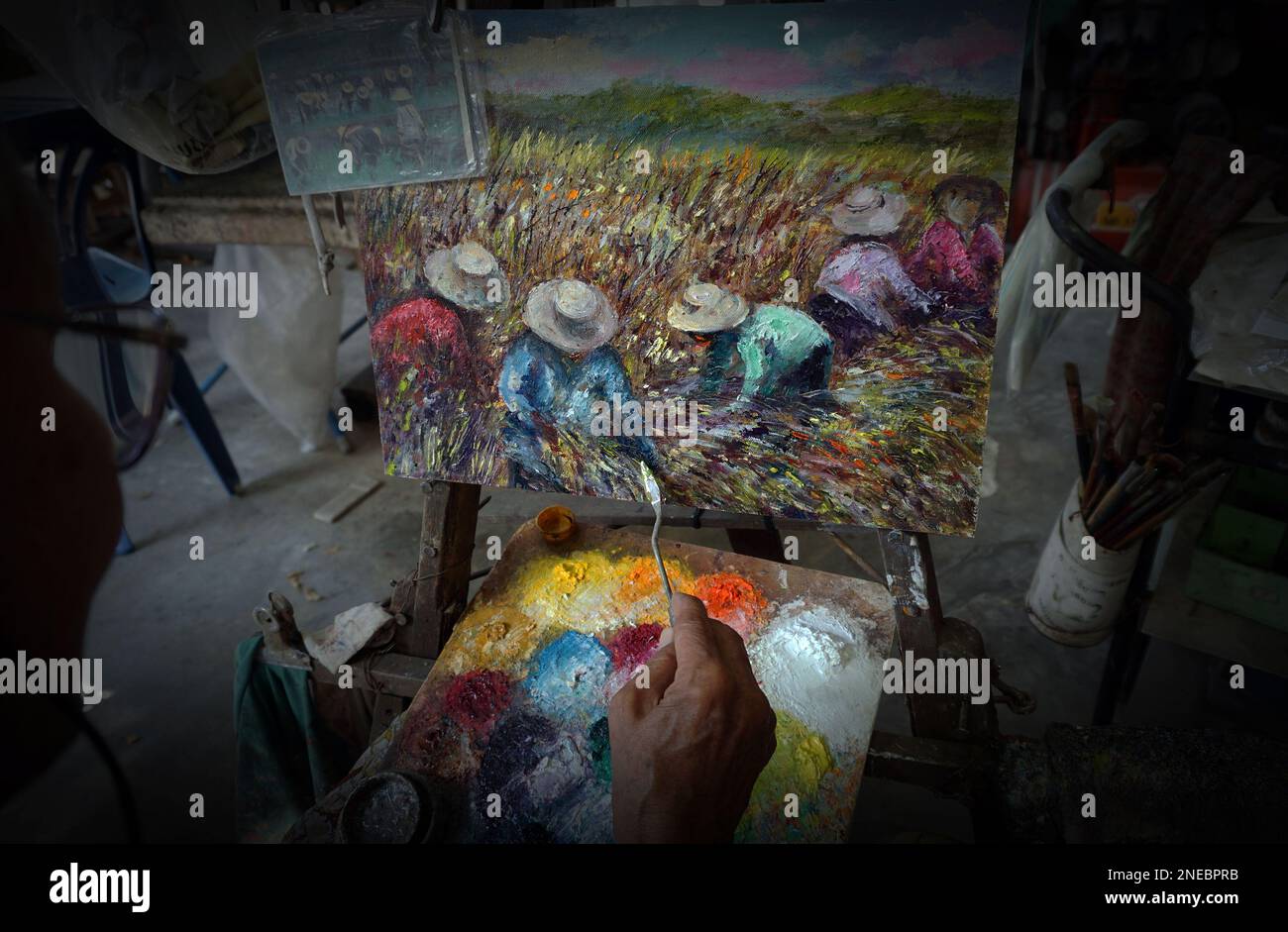 Kunstmalerei Ölfarben ernten Reis, Landschaft, lokale Lebensart Stockfoto
