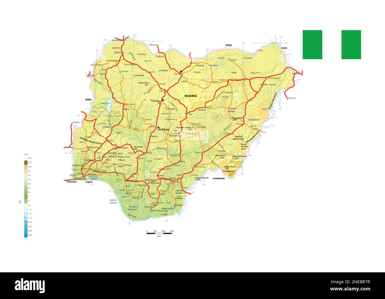 Physische und politische Landkarte Nigerias. [Adobe Illustrator (.ai); 3507x2480]. Stockfoto