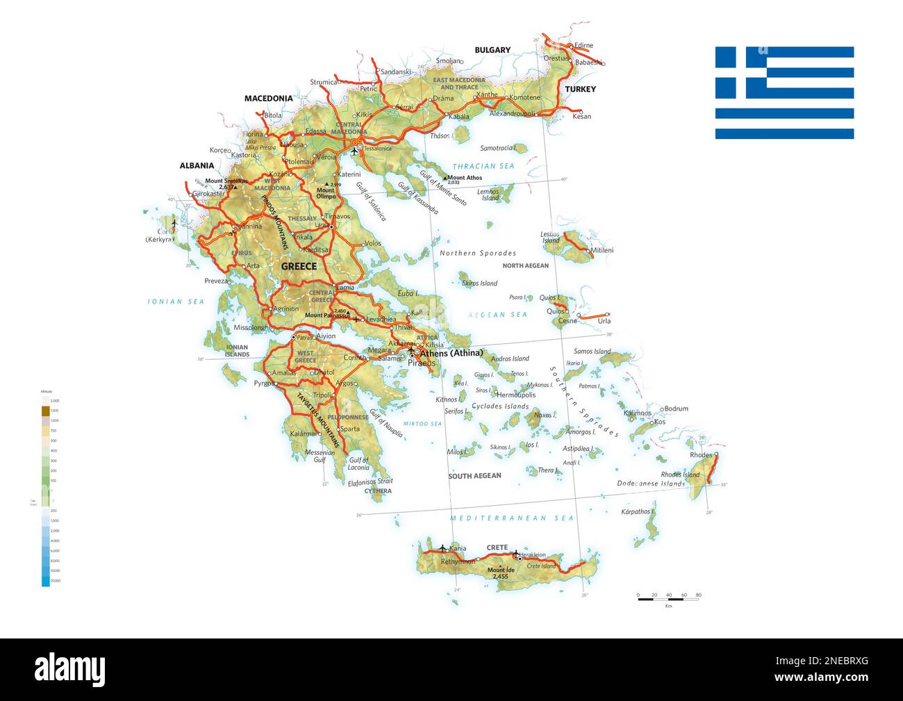 Physische und politische Landkarte Griechenlands. [Adobe Illustrator (.ai); 3507x2480]. Stockfoto