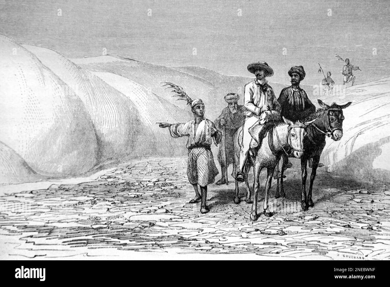 Reisende, die die Thebaid oder die Thebais-Wüste, eine Region des alten Ägypten, um das antike Theben oder Luxur, Ägypten, überqueren. Vintage-Gravur oder Abbildung 1862 Stockfoto