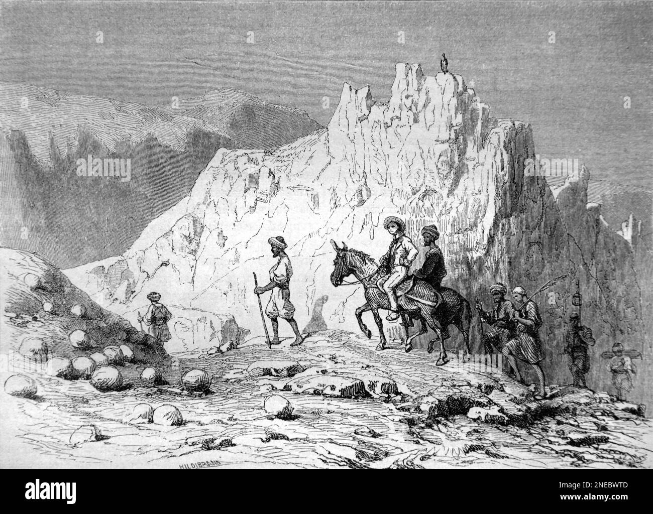 Reisende überqueren den Rocky Part, auch bekannt als Champ de Daklé oder Daklé's Field, der Thebaid oder Thebais Wüste, einer Region des alten Ägypten, um das antike Theben oder Luxur, Ägypten. Vintage-Gravur oder Abbildung 1862. Nach der lokalen Folklore baute ein Bauer in der Gegend früher Wassermelonen an, aber das Land wurde so trocken, dass die Wassermelonen zu Stein wurden. Stockfoto