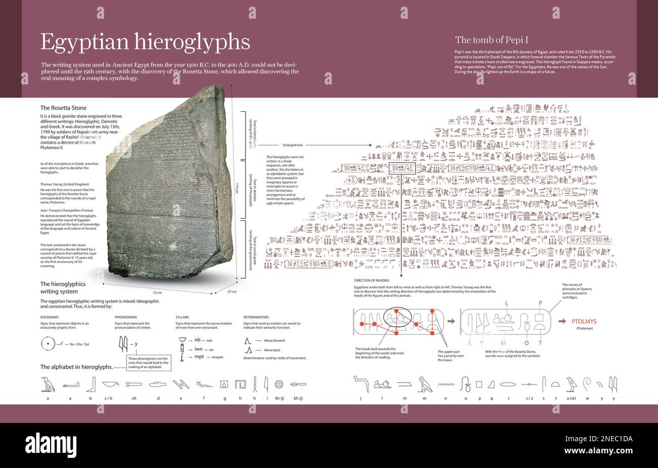 Infografik über die Entdeckung, die bedeutete, den Rosetta-Stein (19. Jahrhundert) zu finden, aufgrund dessen ägyptische Hieroglyphen entziffert wurden. [Adobe InDesign (.indd); 4960x3188]. Stockfoto