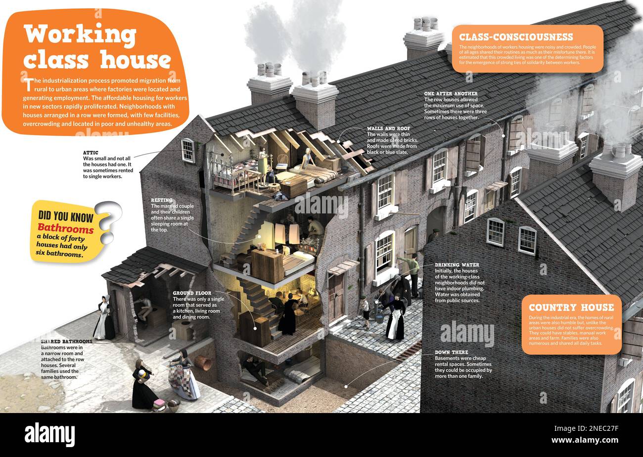 Infografik über das Arbeiterhaus, eine Art von Wohnraum, die im späten 18. Jahrhundert im Zuge des Industrialisierungsprozesses immer größer wurde. [Adobe InDesign (.indd); 4960x3188]. Stockfoto