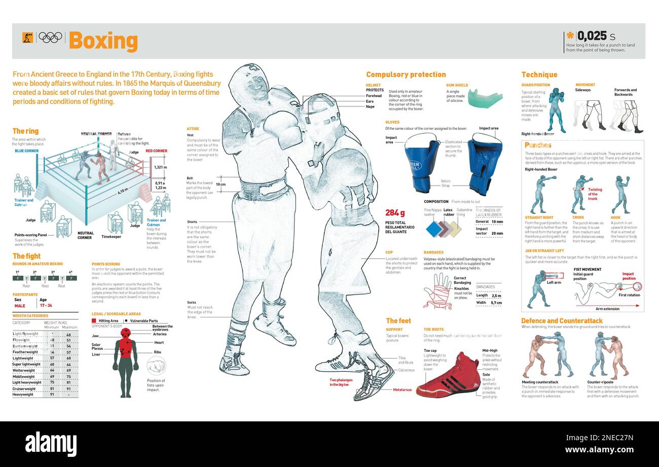Infografiken über Boxgeschichte, Ring, Kampftechniken und Grundregeln ...