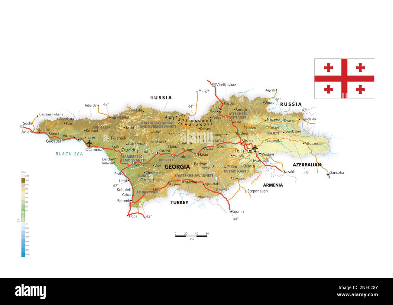 Physische und politische Landkarte Georgiens. [Adobe Illustrator (.ai); 3507x2480]. Stockfoto