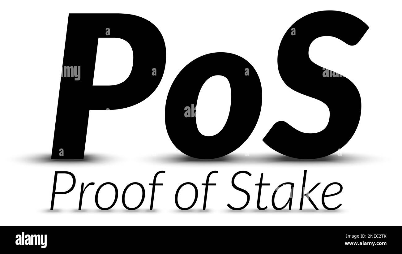 Schwarzer Text POS Proof of Stake mit isolierten Schatten auf weißem Hintergrund. Vektordesign-Element. Stockfoto