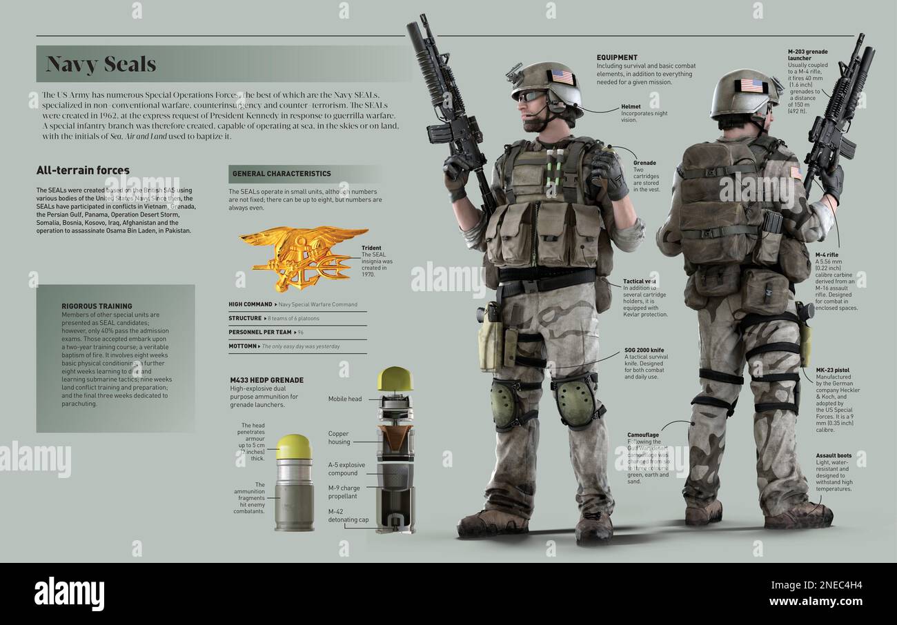 Infografik zu NAVY Seals, einer Spezialeinheit der US-Armee. [Adobe InDesign (.indd); 5078x3188]. Stockfoto