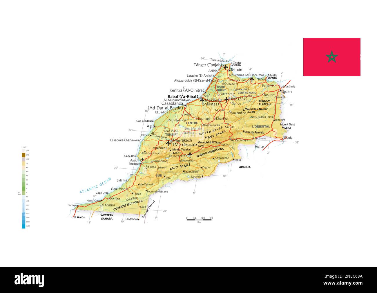 Physische und politische Landkarte Marokkos. [Adobe Illustrator (.ai); 3507x2480]. Stockfoto