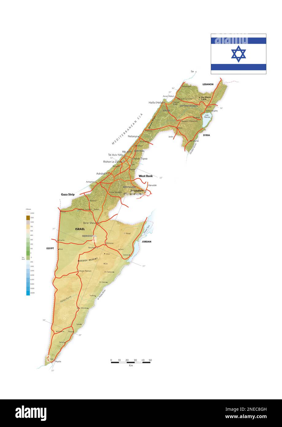 Physische und politische Landkarte Israels. [Adobe Illustrator (.ai); 2480x3507]. Stockfoto