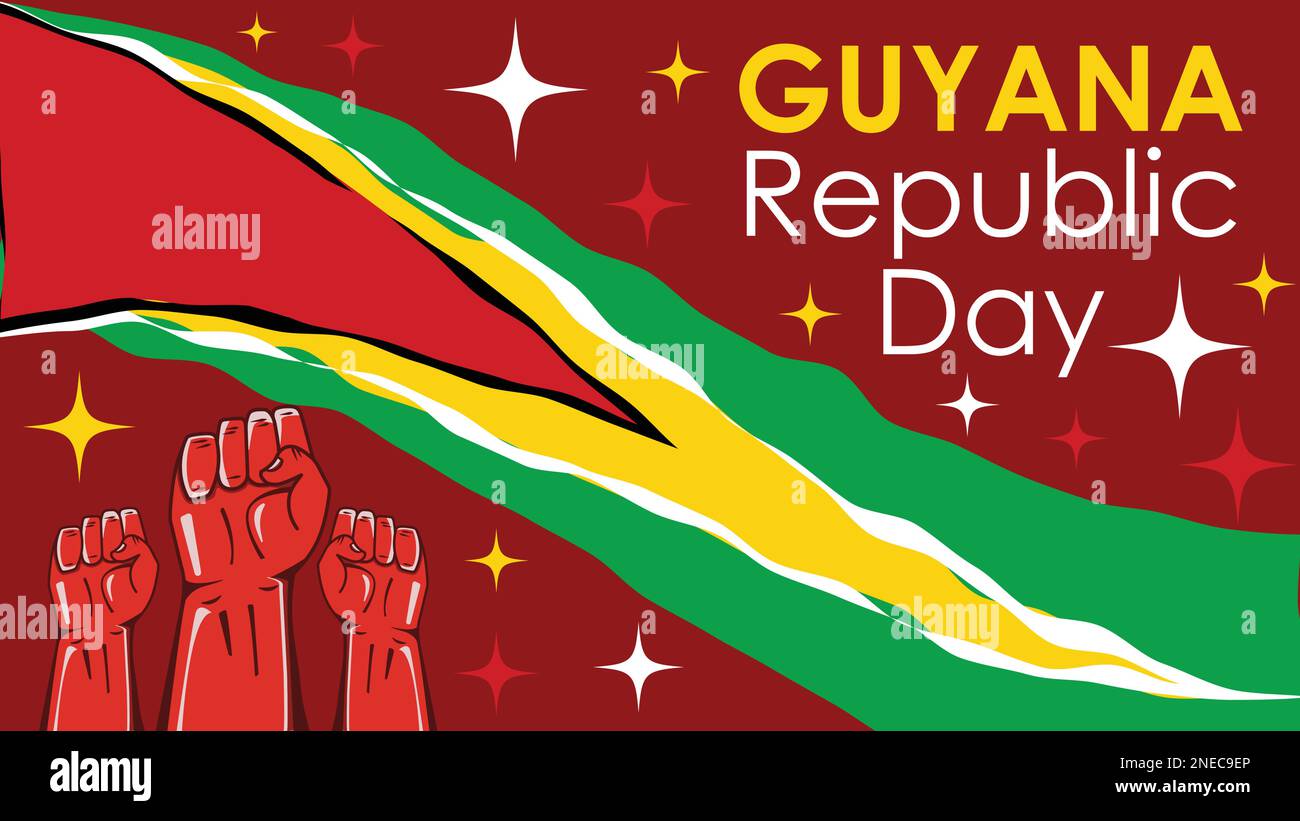 Happy Guyana republic Day – das Bannerdesign wird jeden Monat am 23. Februar gefeiert. Hintergrunddarstellung mit Flaggenfarben von Guyana Stock Vektor