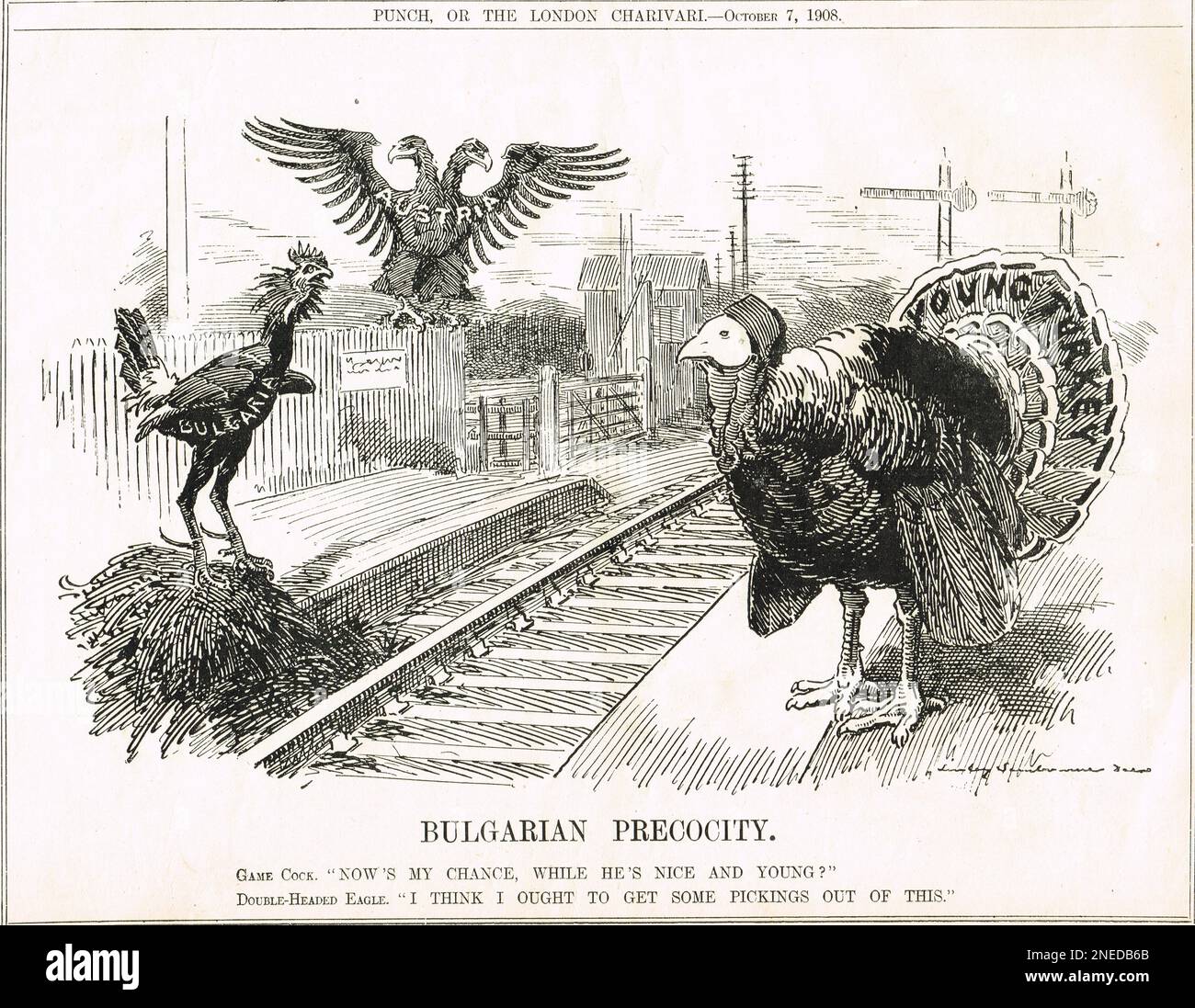 Österreich und Bulgarien, die nach der Revolution der jungen Türken von 1908 inmitten des Zerfalls des Osmanischen Reiches eine junge Türkei ins Visier nehmen. Punch-Cartoon von Edward Linley Sambourne aus dem Jahr 1908 Stockfoto