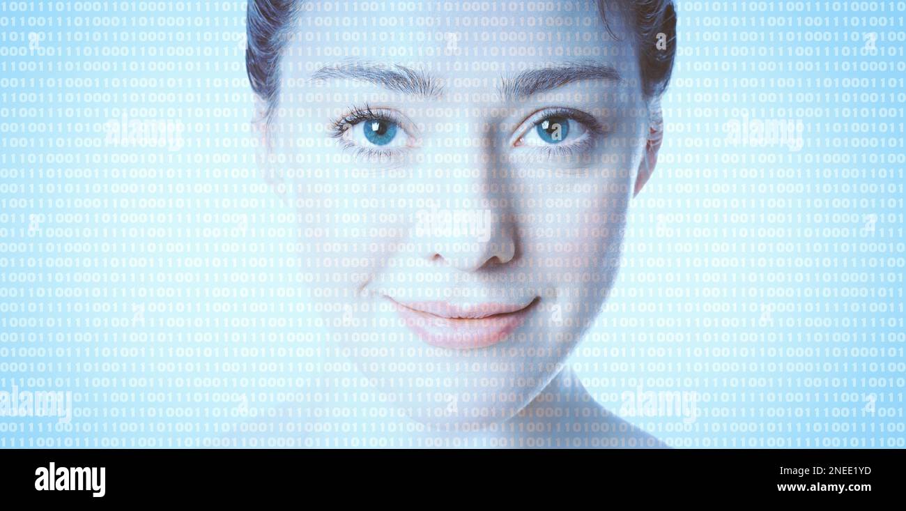 KI Artificial Intelligence oder Programmierer-Programmiergerät - binärer Computercode, der dem Gesicht der Frau überlagert ist Stockfoto
