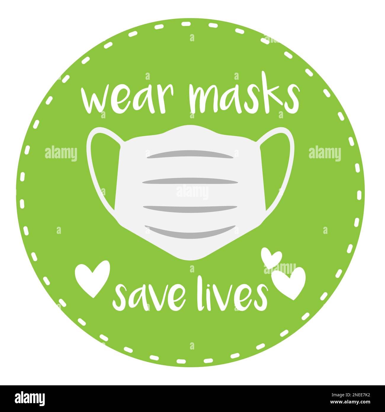 Grüne runde Etikett oder Aufkleber mit Text TRAGEN MASKEN RETTEN LEBEN und Gesichtsmaske Symbol Vektor Illustration Stockfoto