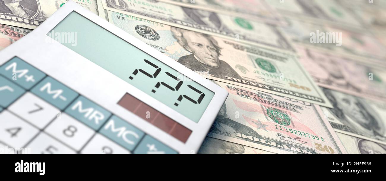 Finanzfragen - Ein Taschenrechner mit Fragezeichen und vielen Dollarnoten Stockfoto