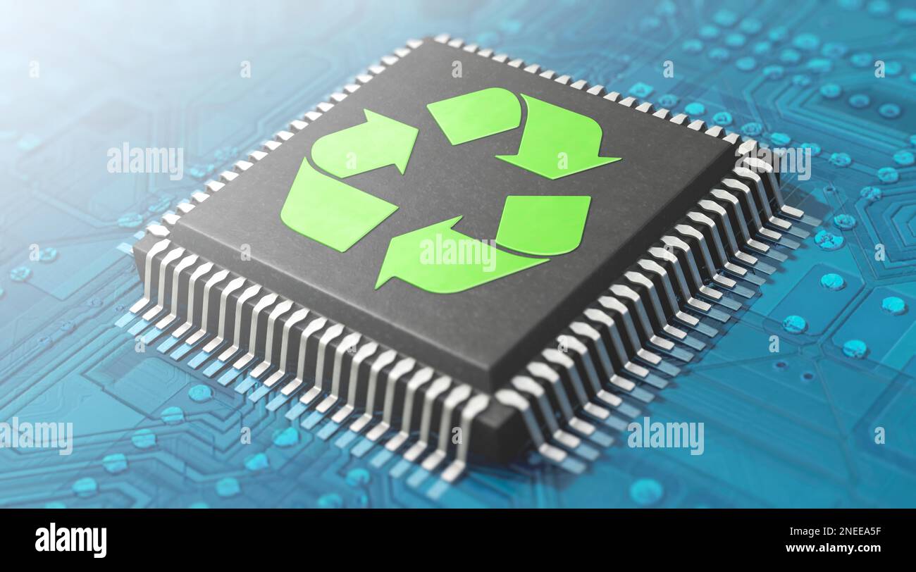 Mikroelektronik und Recycling - Prozessor mit Recycling-Symbol Stockfoto