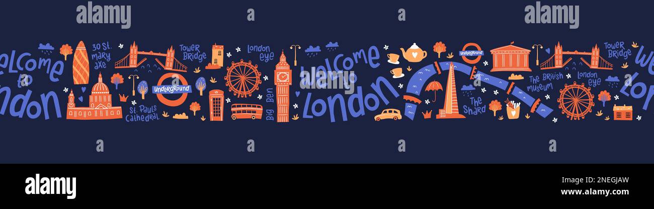 Süße handgezeichnete Doodles von London mit verschiedenen Elementen, Sehenswürdigkeiten, Gebäuden - großartig für Postkarten, Drucke, Banner, Tapeten Stock Vektor