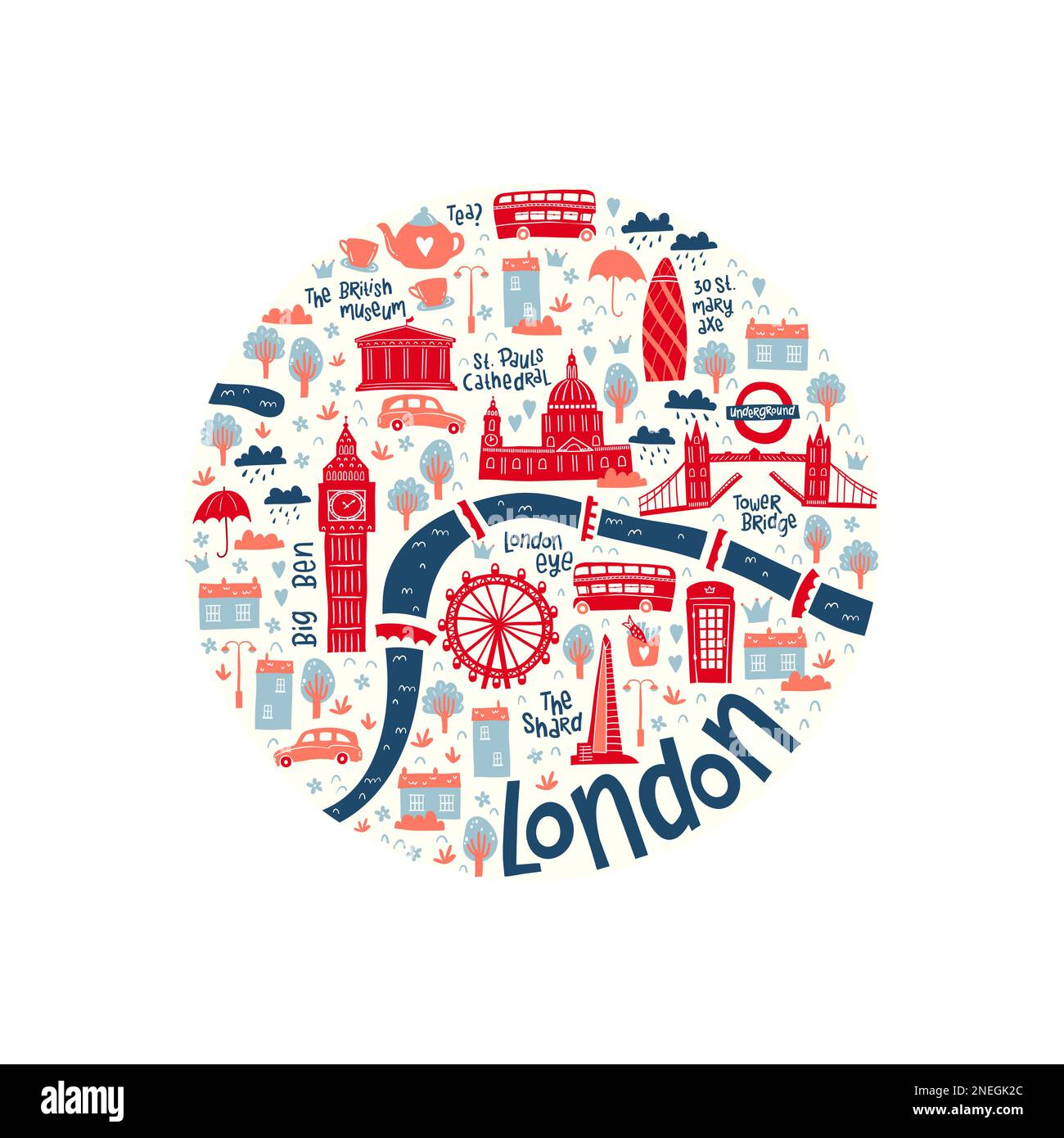 Hübsche, handgezeichnete Karte von London mit Kritzelelementen, Sehenswürdigkeiten, Gebäuden - großartig für Postkarten, Drucke, Banner, Tapeten - Vektordesign Stock Vektor