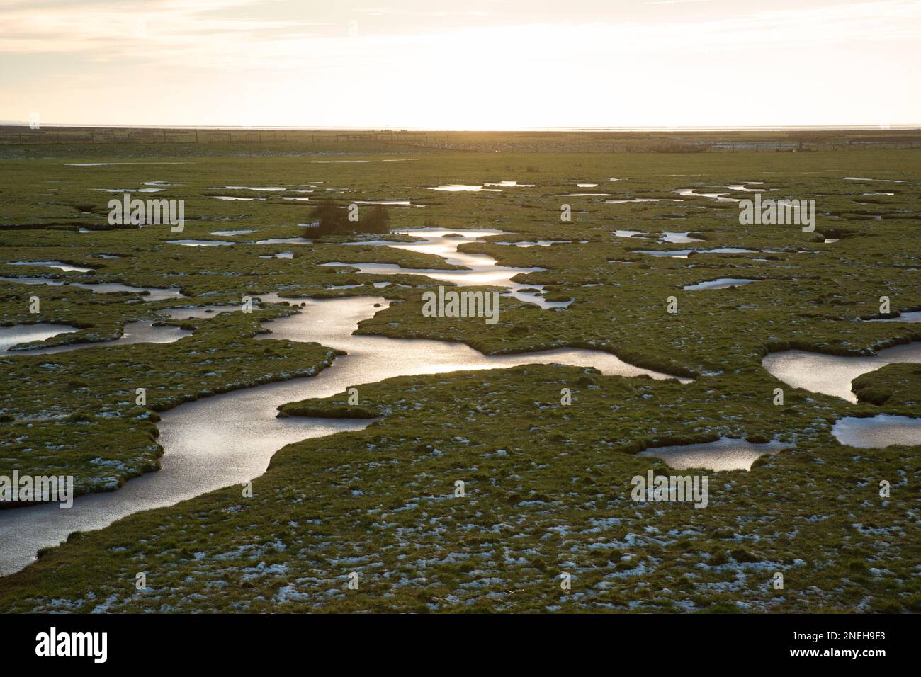 Tiefgefrorene Pools in Salzmarschen in der Nähe von Jenny Brown's Point in der Nähe des Dorfes Silverdale. Morecambe Bay ist bekannt für seine Sonnenuntergänge, Salzmarschen und sich bewegenden Seen Stockfoto