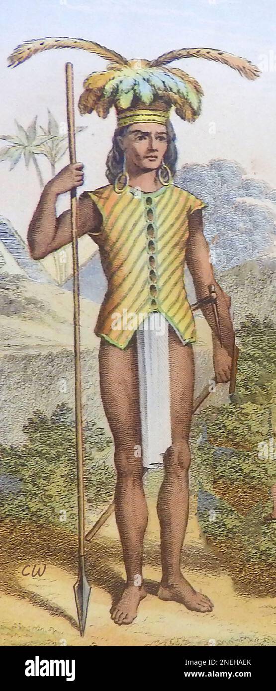 Eine farbige Gravur aus dem späten 19. Jahrhundert, die typische Kleidung der Einheimischen asiatischer Inseln zeigt - Ein Mann aus Saghai Dyak von der Nordostküste Stockfoto