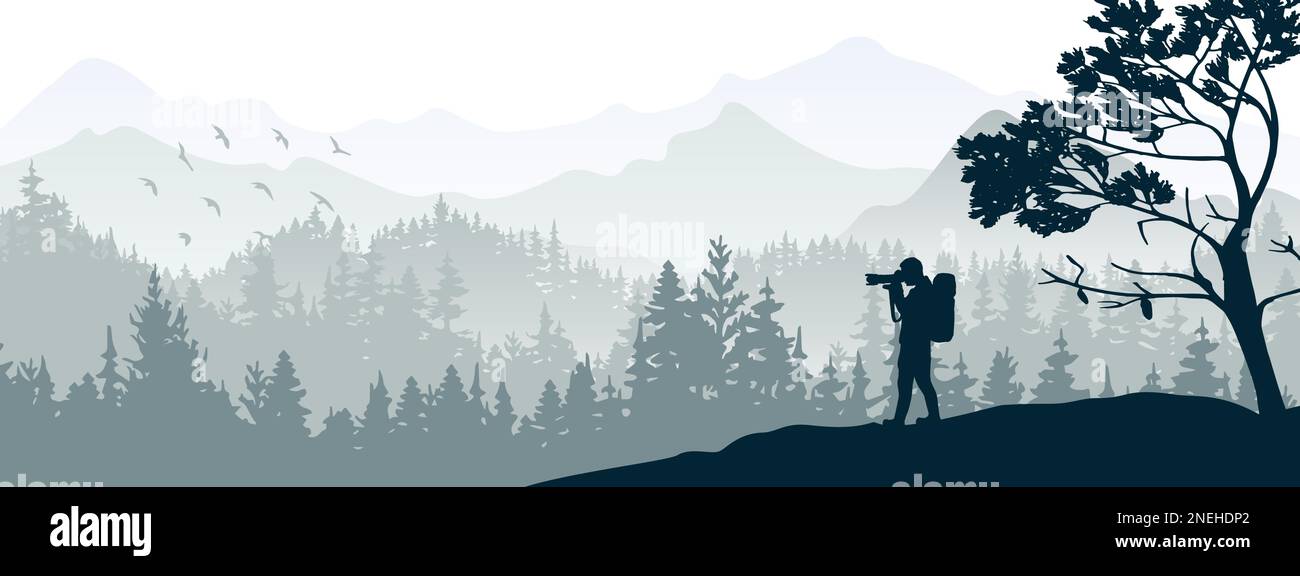 Der Fotograf steht auf einer Wiese neben dem Baum und fotografiert die Landschaft. Berge und Wälder im Hintergrund. Darstellung der Silhouette. Wilde Natur. Stock Vektor
