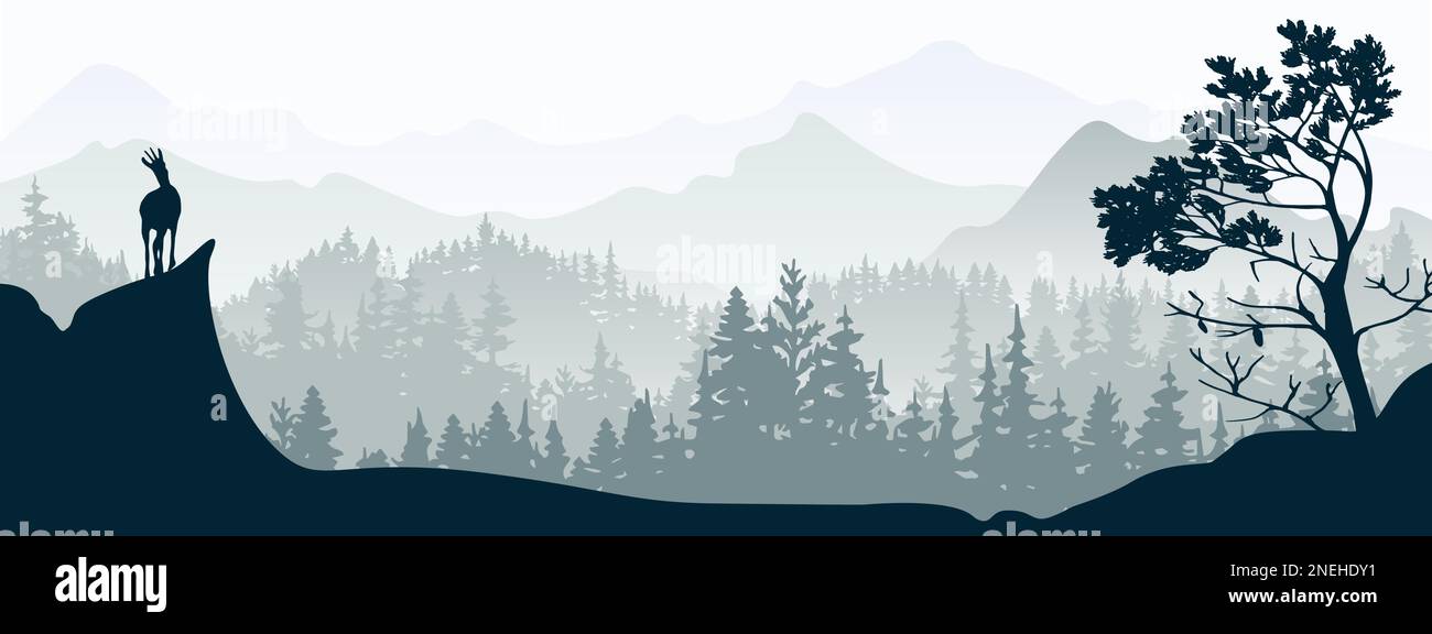 Horizontales Banner. Eine Gämse steht auf einem Hügel mit Bergen und Wald im Hintergrund. Schwarze Silhouette mit grauem Hintergrund. Abbildung. Stock Vektor