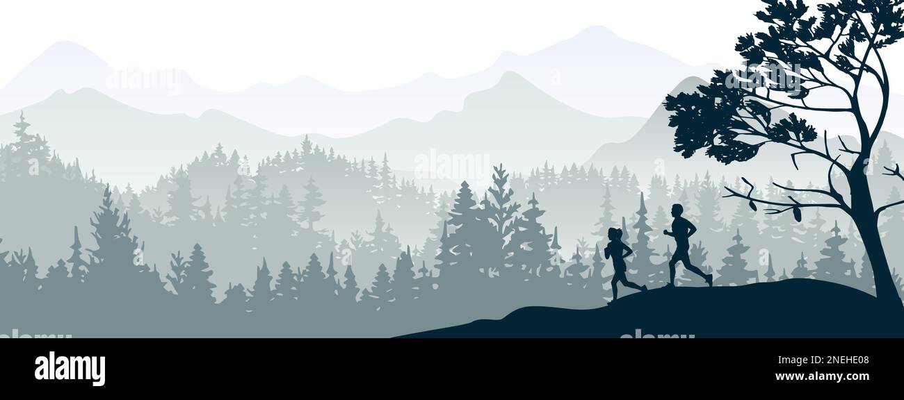 Silhouette von Jungen und Mädchen beim Joggen. Wald, Wiesen, Berge. Horizontales Querformat-Banner. Graue Abbildung. Stock Vektor