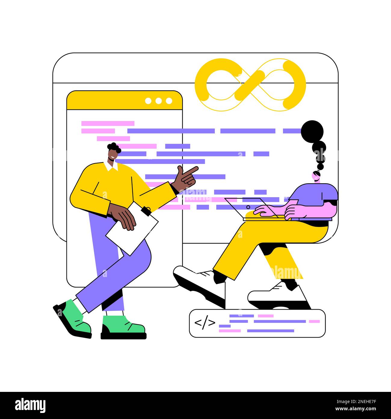 DeSecOps Workflow isolierte Cartoon-Vektorabbildungen. Gruppe von Kollegen, die gemeinsam an einem neuen IT-Projekt arbeiten, DevSecOps-System, moderne Technologie, Sicherheit und Betriebsabläufe. Stock Vektor