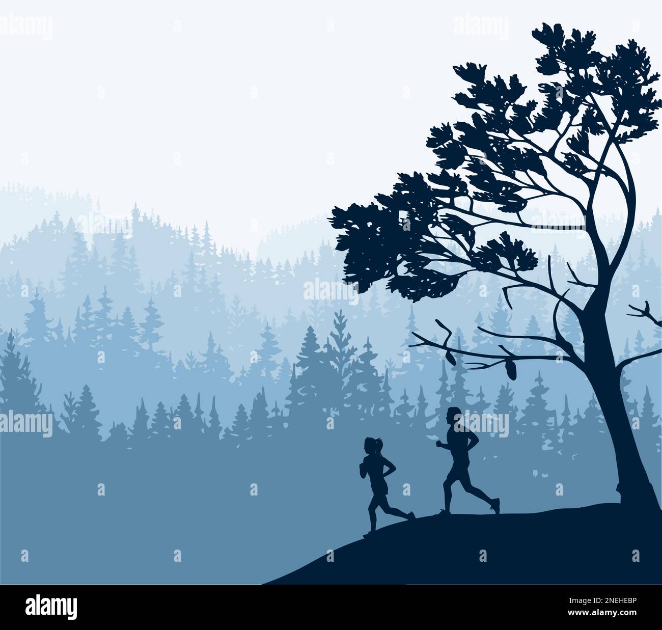 Silhouette von Jungen und Mädchen beim Joggen. Baum vorne, Waldhintergrund. Magische neblige Landschaft. Illustration, Abzeichen, Aufkleber. Stock Vektor