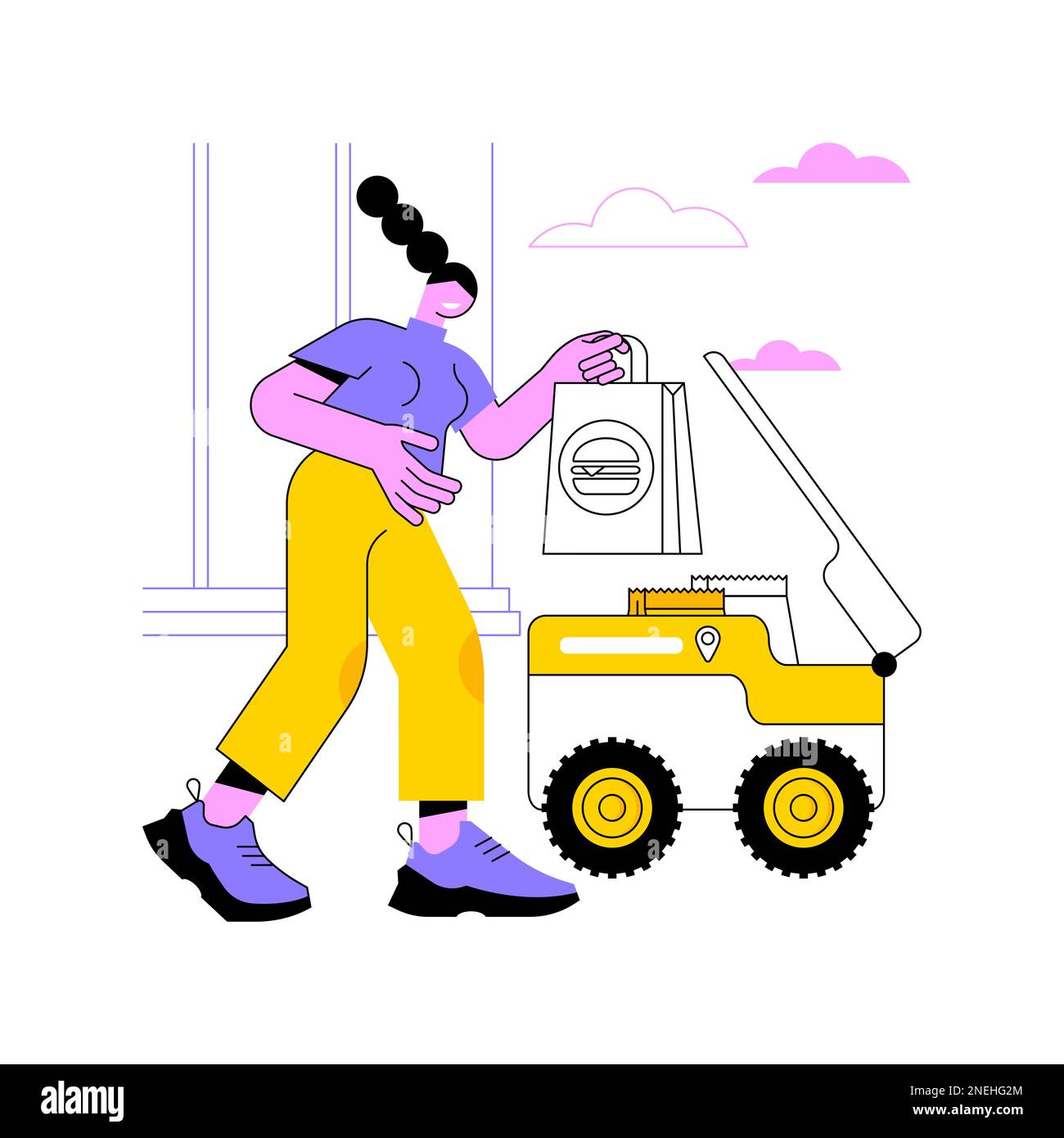 Der Nahrungsmittellieferroboter isolierte Cartoon-Vektorbilder. Frau, die Essen vom Zustellungsroboter nimmt, moderne Technologie, Innovation im Dienstleistungssektor, digitaler autonomer Kuriervektor-Cartoon. Stock Vektor