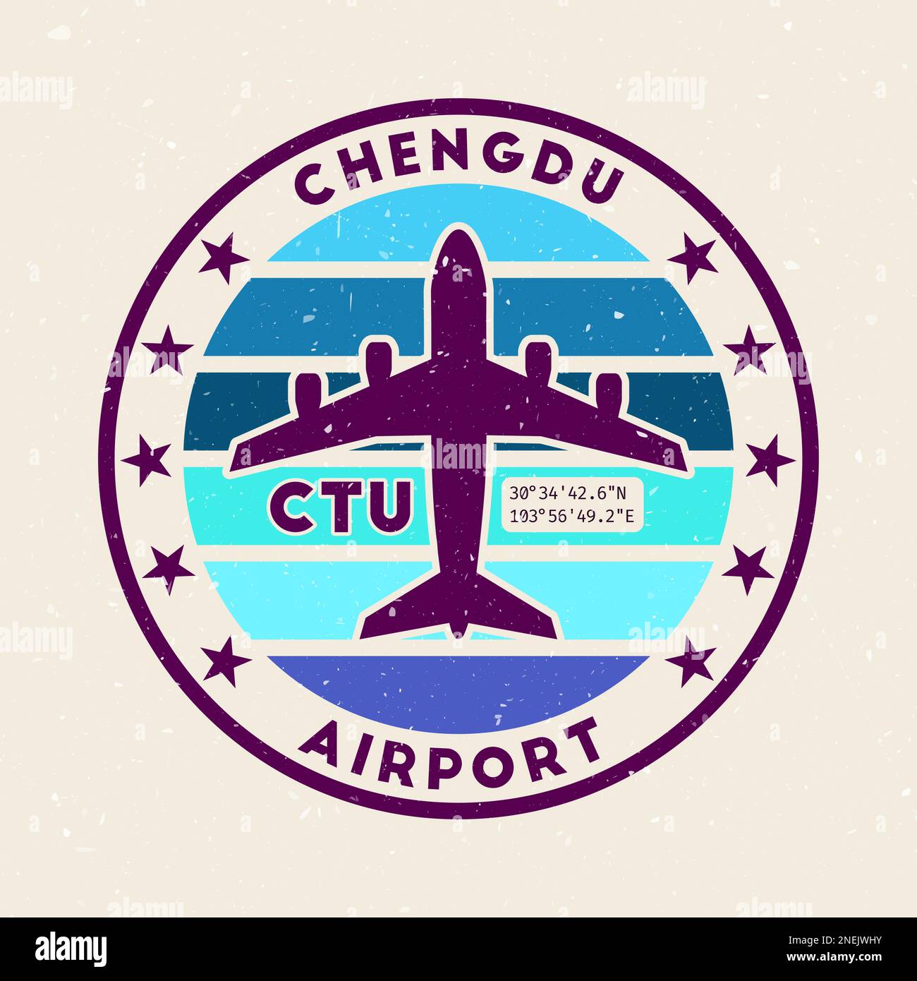 Abzeichen des Flughafens Chengdu. Rundes Abzeichen mit Vintage-Streifen, Flugzeugform, Flughafen-IATA-Code und GPS-Koordinaten. Ansprechende Vektordarstellung. Stock Vektor