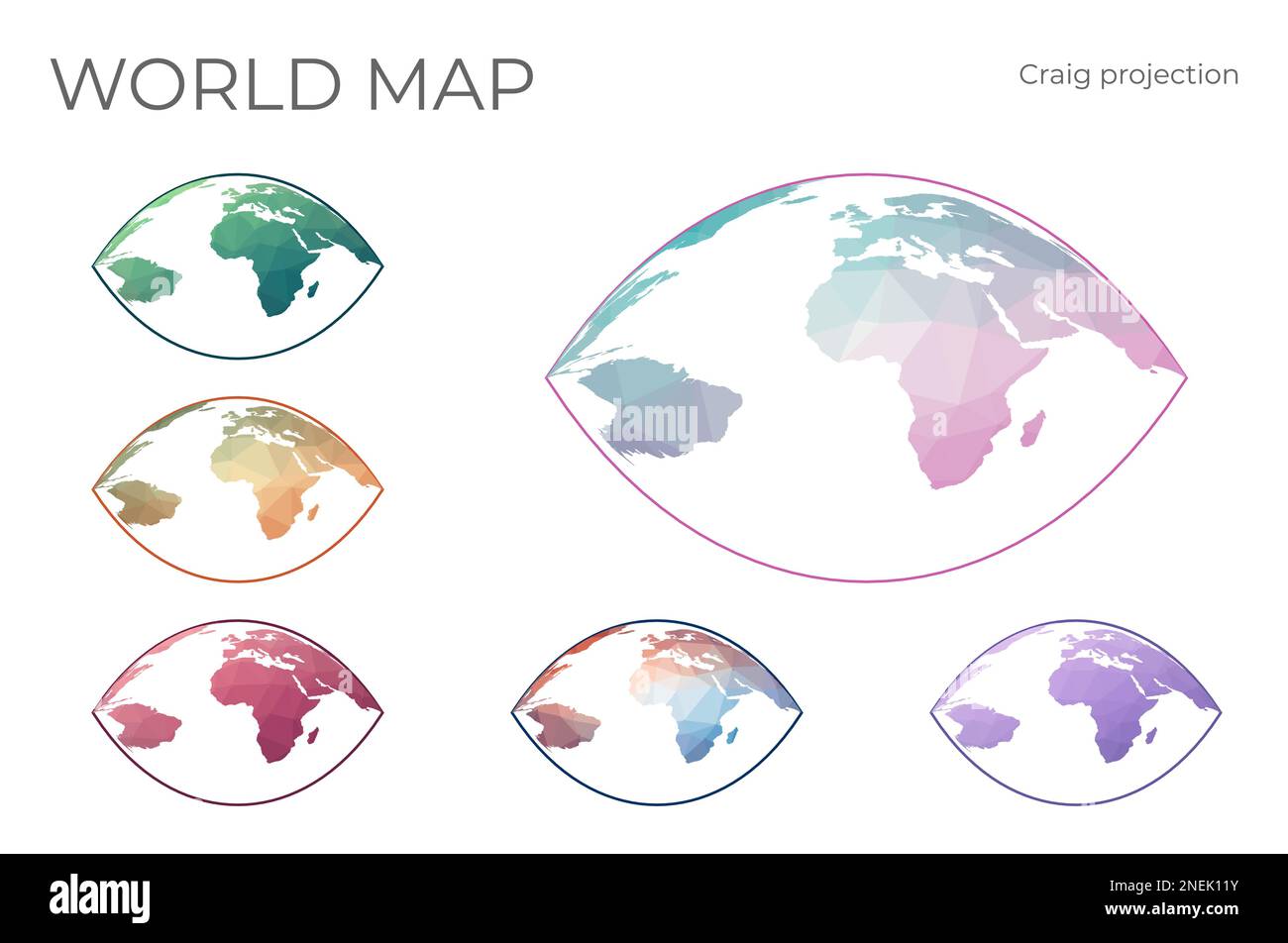 Niedrige Poly-Welt-Karte Eingestellt. Craigsche retroazimutale Projektion. Sammlung der Weltkarten im geometrischen Stil. Vektordarstellung. Stock Vektor