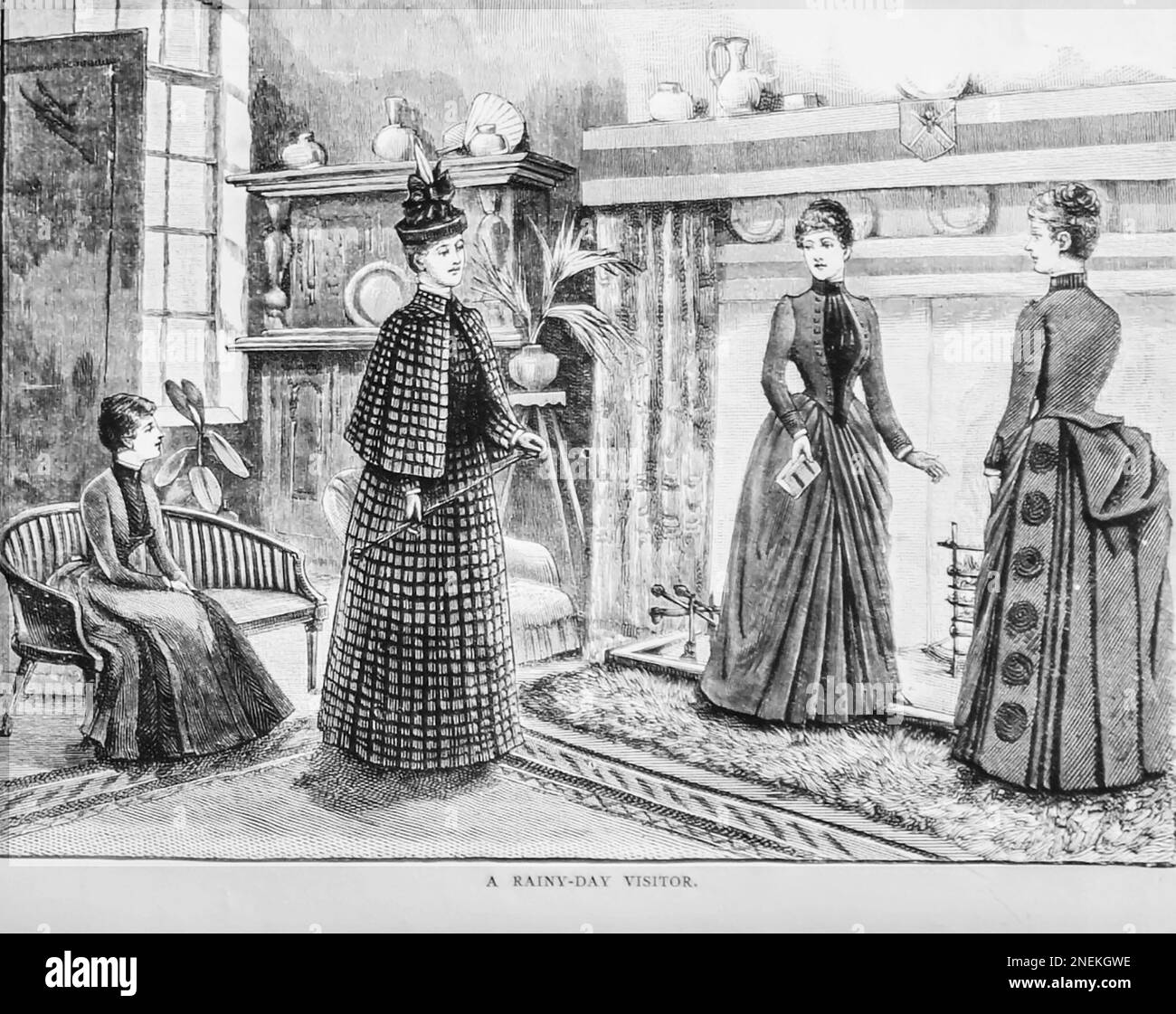 Eine Skizze aus dem 19. Jahrhundert mit dem Titel „A Rainy Day Visitor“, die eine vielleicht typische Wohnzimmerszene aus einem Mittelklassehaus zeigt, aus HE Girls Own Paper von 1888. Stockfoto