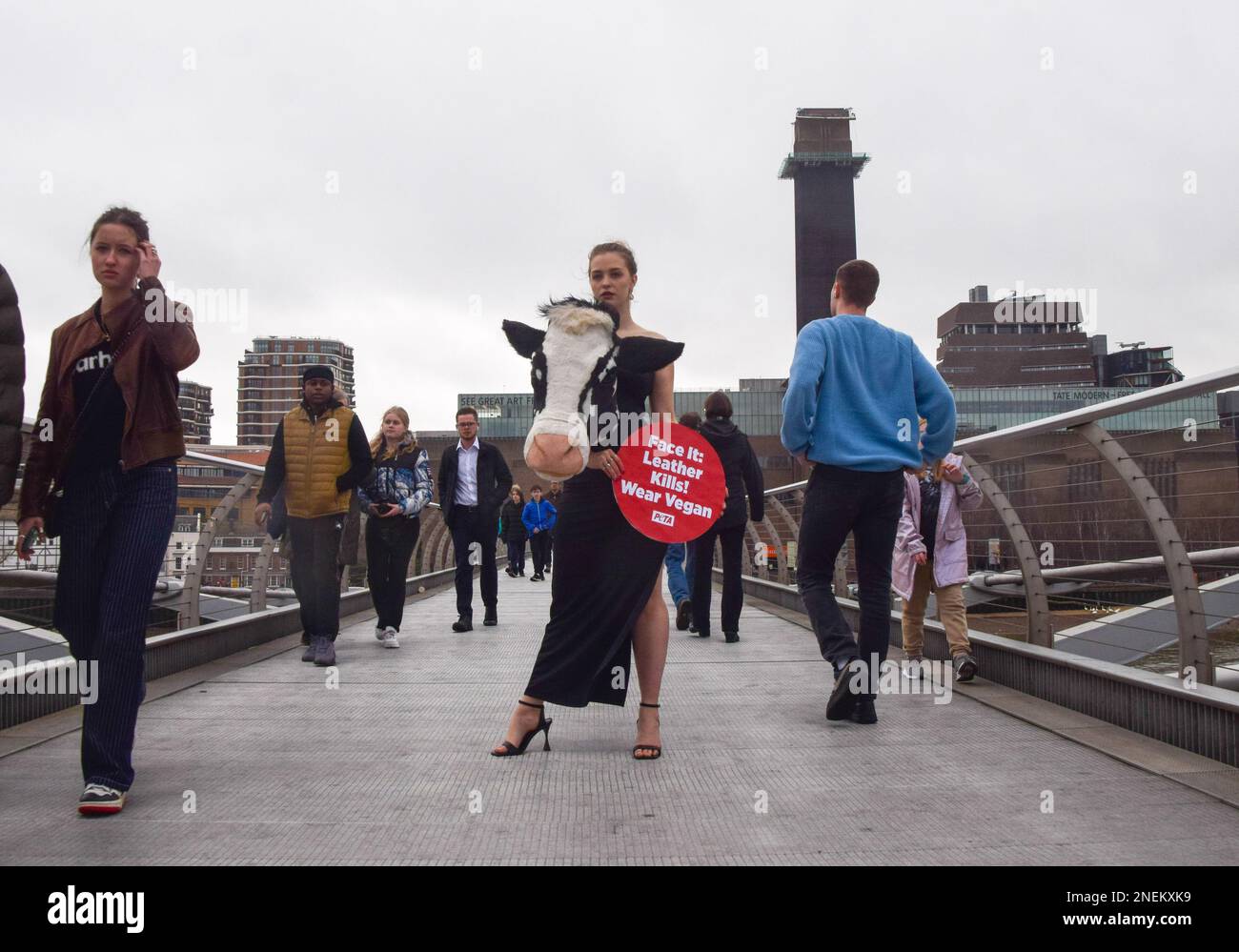 London, Großbritannien. 16. Februar 2023 PETA inszenierte am Vorabend der London Fashion Week einen „Laufsteg“ auf der Millennium Bridge mit einem Modell, das einen künstlichen Kuhkopf im Schiaparelli-Stil trug. Der Stunt soll die Menschen dazu inspirieren, Tierleder loszuwerden, und verweist auf Schiaparellis „Tierköpfe“, die kürzlich auf der Pariser Modewoche viel Kontroversen ausgelöst haben. Stockfoto