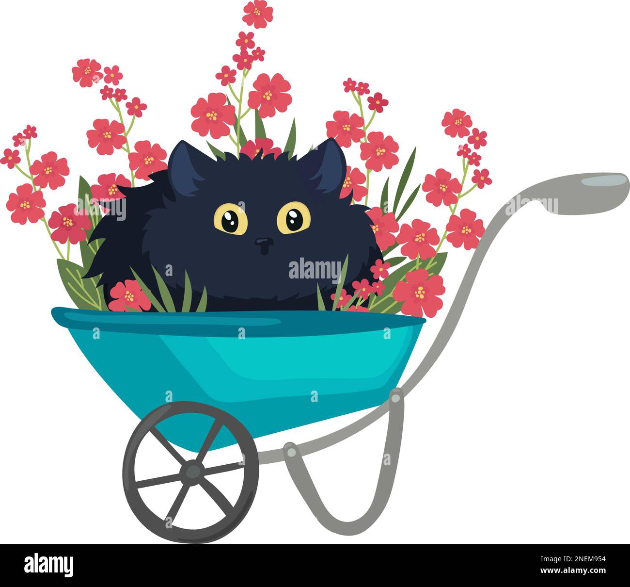 Schwarze Katze in einer Gartenradkarre mit roten Blumen, lustige Vektordarstellung Stock Vektor