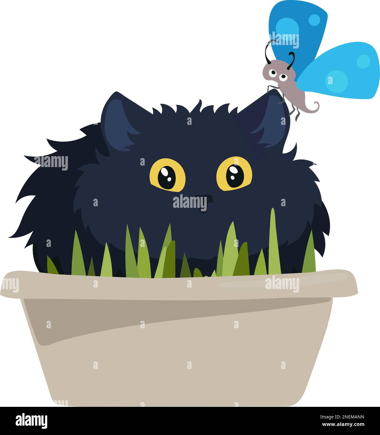 Schwarze Katze sitzt in einem Blumentopf mit blauem Schmetterling Stock Vektor