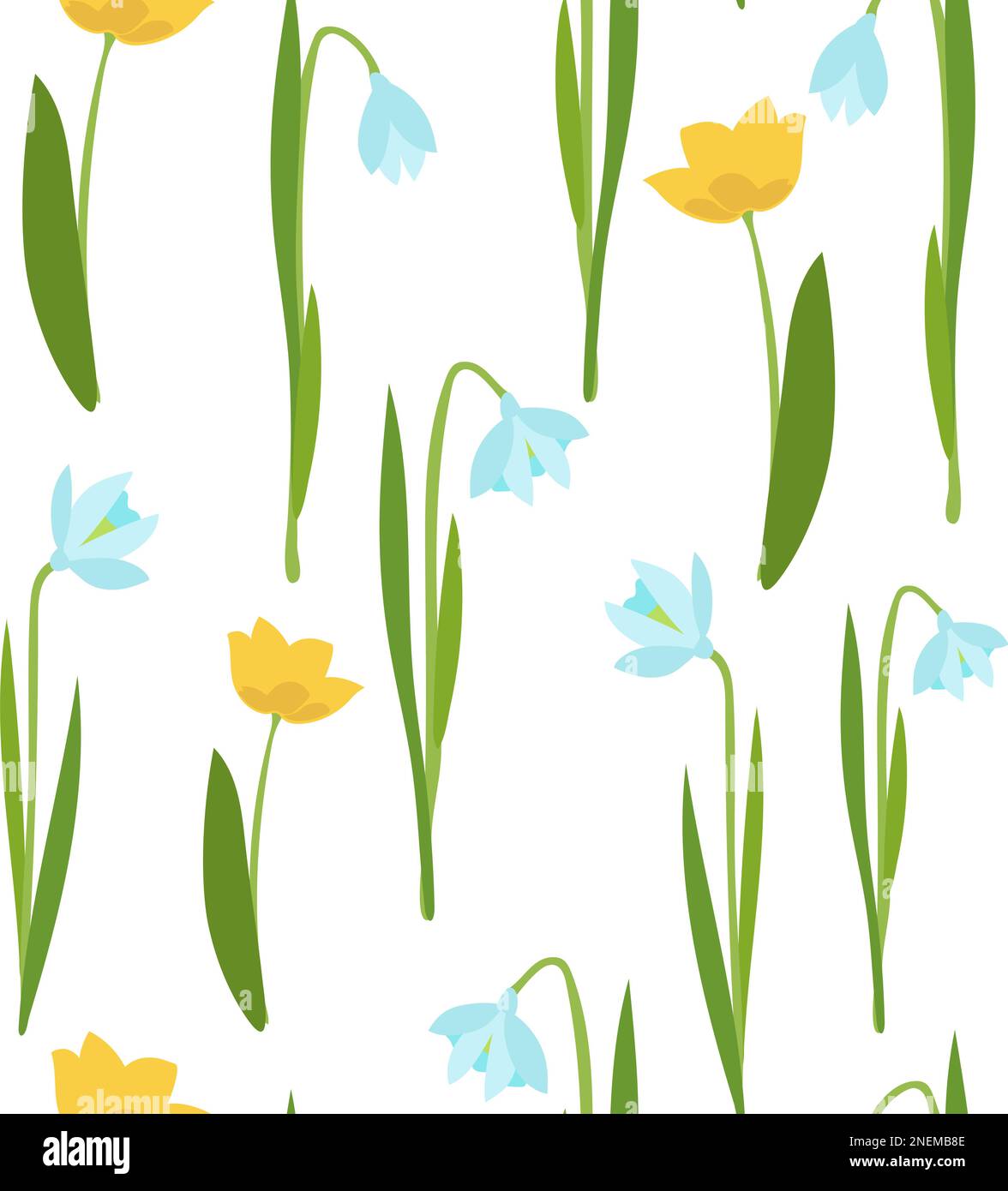 Frühlingsblumen, gelbe Tulpen und Schneeglöckchen. Nahtloses Muster Stock Vektor