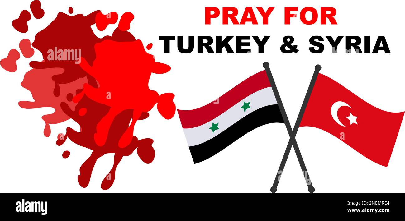 Beten Sie für die Opfer der Erdbebenkatastrophe in der Türkei und Syrien, um Leben zu retten. Unterstützen und zeigen Sie Solidarität mit dem türkischen und syrischen Volk. Türkei-Karte, Syrien-Karte Stock Vektor